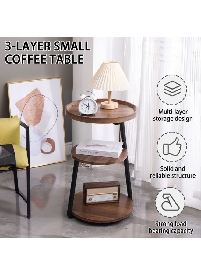 شويوين طاولة جانبية مستديرة بثلاثة أرفف (ارتفاع 60 سم) - سطح خشبي وإطار معدني مع حافة مانعة للانزلاق، طاولة قهوة صغيرة لغرفة المعيشة أو غرفة النوم أو الشرفة - Image 3